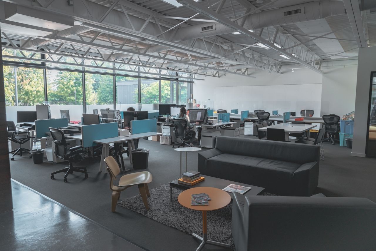 Modern commercial interior — open-plan office fit-out with contemporary furnishing